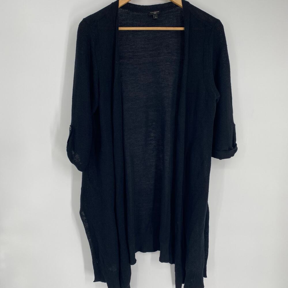 Talbots Cardigan Women’s X Black Linen Open Front Resortwear Coastal Vacation